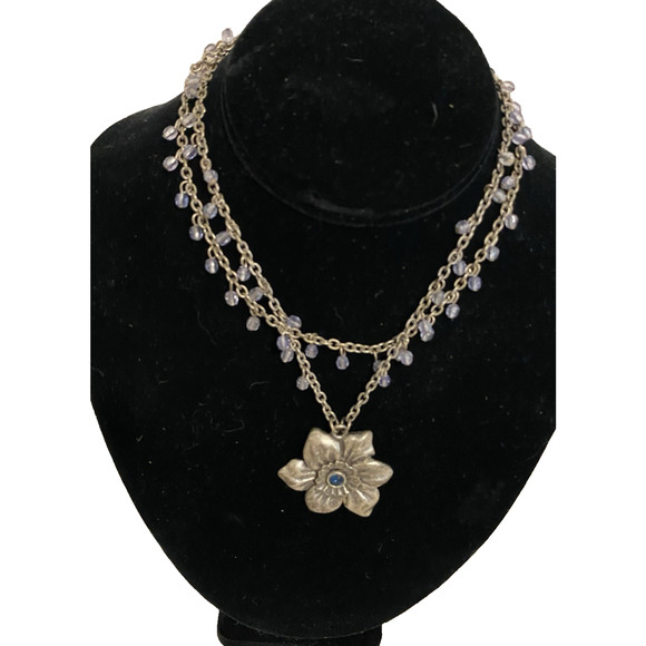 Vintage Costume Jewelry Flower Pendant 18 in Necklace Blue Jeweled Double Chain - Picture 3 of 7
